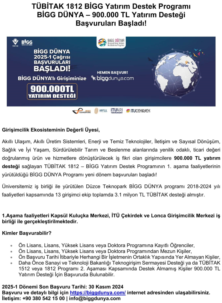 DÜZCE ÜNİVERSİTESİ TÜBİTAK 1812 BİGG DÜNYA YATIRIM DESTEK PROGRAMI